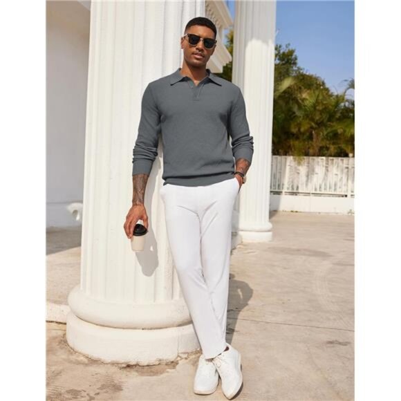 Mens Knit Polo Shirt Long Sleeve Casual Plain Waffle Textured Collared Sweater - Picture 3 of 6